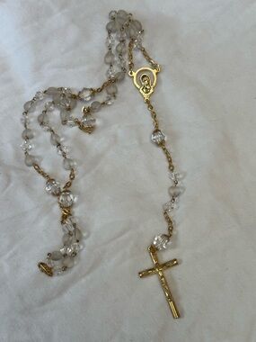 Gold-Tone Crystal Rosary Necklace - Clear Beads